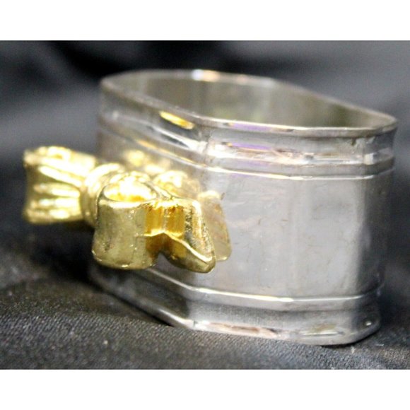 Set of 4 Silver Napkin Rings Holders Geometric Gold Colored Bow Queen Victoria - Picture 3 of 6